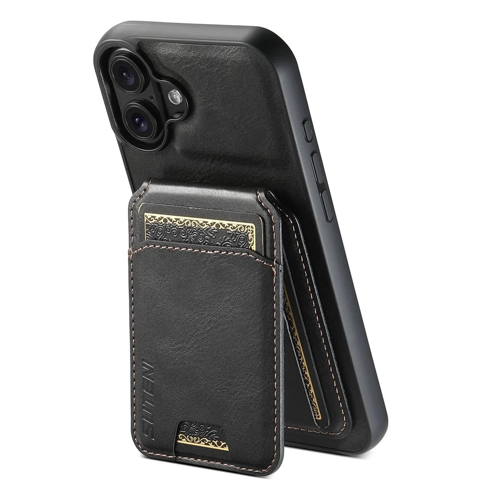 SUTENI H02 For iPhone 16 Plus Case Waxy Texture Leather+TPU Card Slots Kickstand Phone Cover - Black - 3