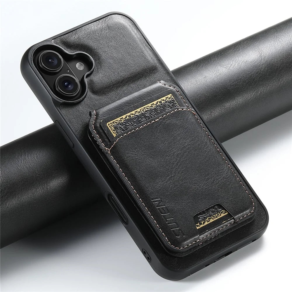 SUTENI H02 For iPhone 16 Plus Case Waxy Texture Leather+TPU Card Slots Kickstand Phone Cover - Black - 5