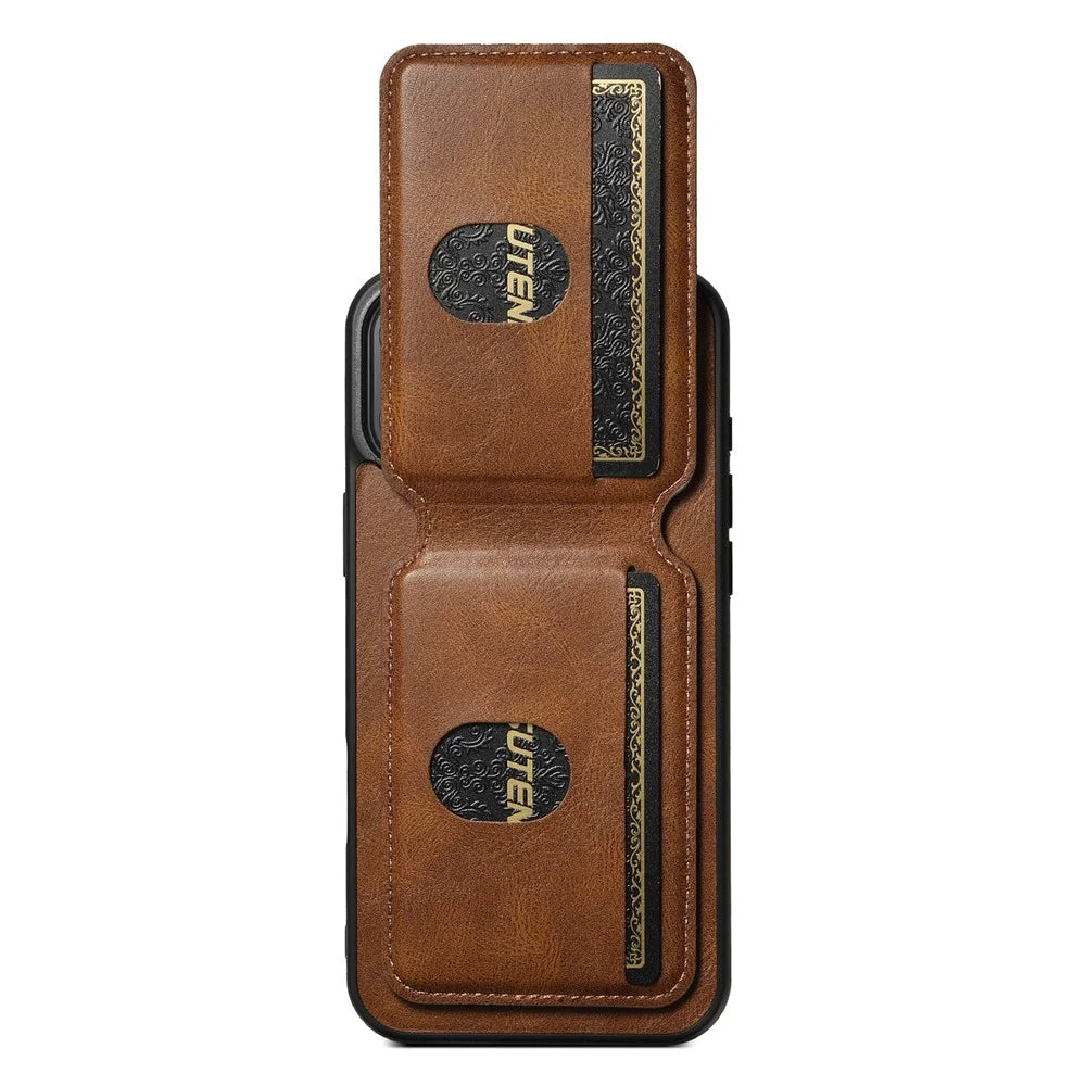 SUTENI H02 For iPhone 16 Case Waxy Texture Leather+TPU Card Slots Kickstand Phone Cover - Brown - 2