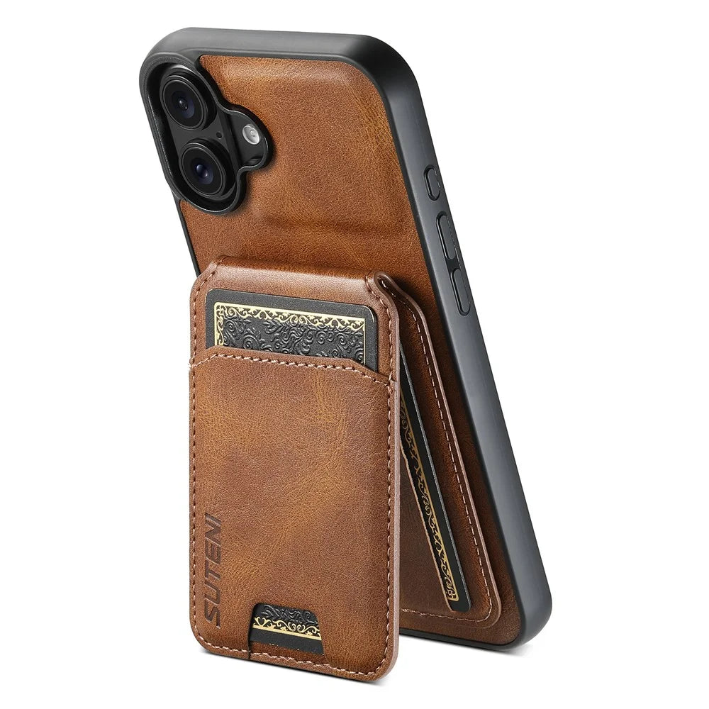 SUTENI H02 For iPhone 16 Case Waxy Texture Leather+TPU Card Slots Kickstand Phone Cover - Brown - 3