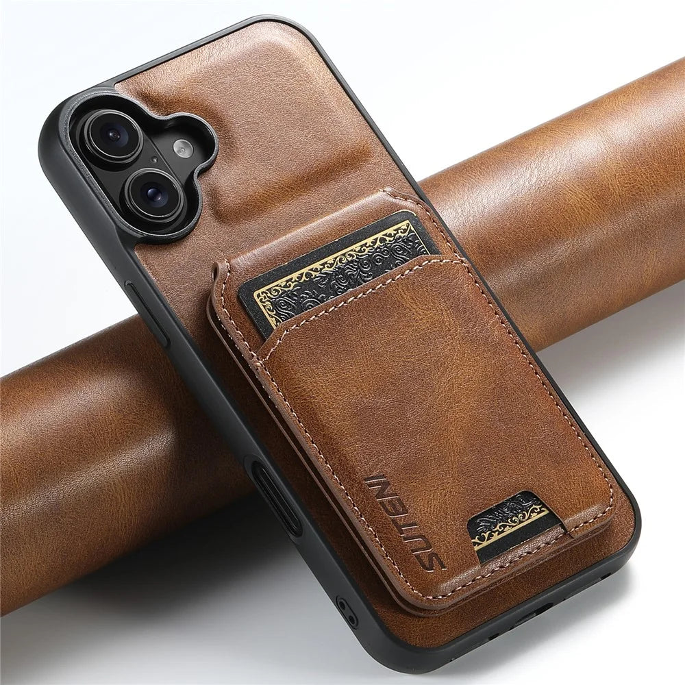 SUTENI H02 For iPhone 16 Case Waxy Texture Leather+TPU Card Slots Kickstand Phone Cover - Brown - 5