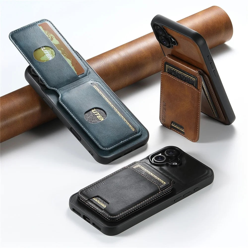 SUTENI H02 For iPhone 16 Case Waxy Texture Leather+TPU Card Slots Kickstand Phone Cover - Brown - 6