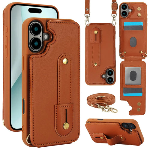 For iPhone 16 Case Kickstand Card Slots Leather Coated TPU Cover with Shoulder Strap - Brown - 1