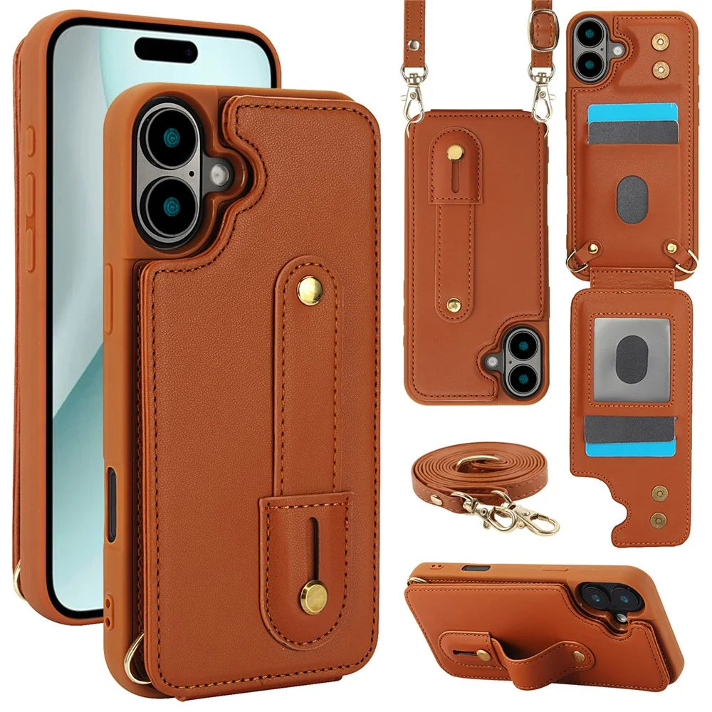 For iPhone 16 Case Kickstand Card Slots Leather Coated TPU Cover with Shoulder Strap - Brown - 1