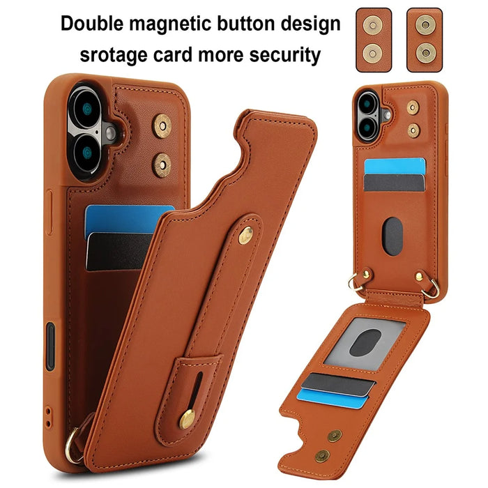 For iPhone 16 Case Kickstand Card Slots Leather Coated TPU Cover with Shoulder Strap - Brown - 3