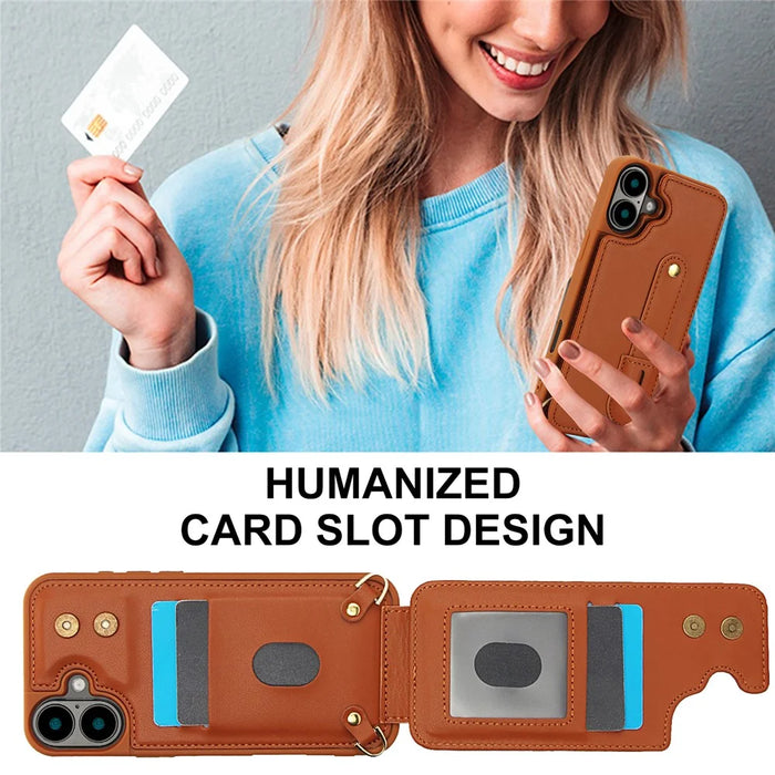 For iPhone 16 Case Kickstand Card Slots Leather Coated TPU Cover with Shoulder Strap - Brown - 4