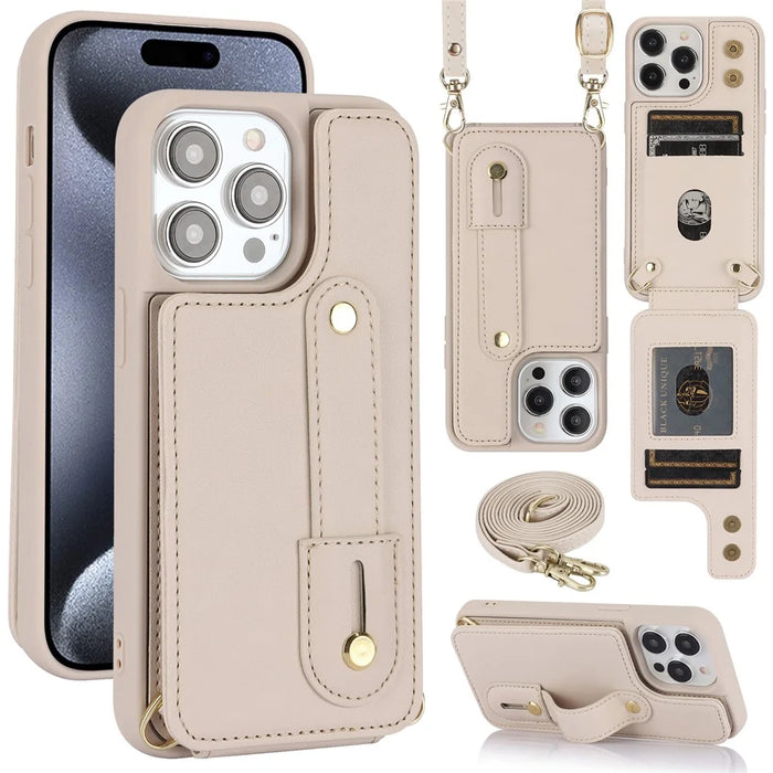 For iPhone 16 Pro Case Kickstand Card Slots Leather Coated TPU Cover with Shoulder Strap - Beige - 1