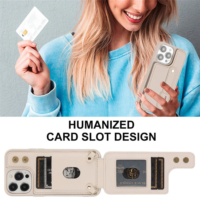 For iPhone 16 Pro Case Kickstand Card Slots Leather Coated TPU Cover with Shoulder Strap - Beige - 3