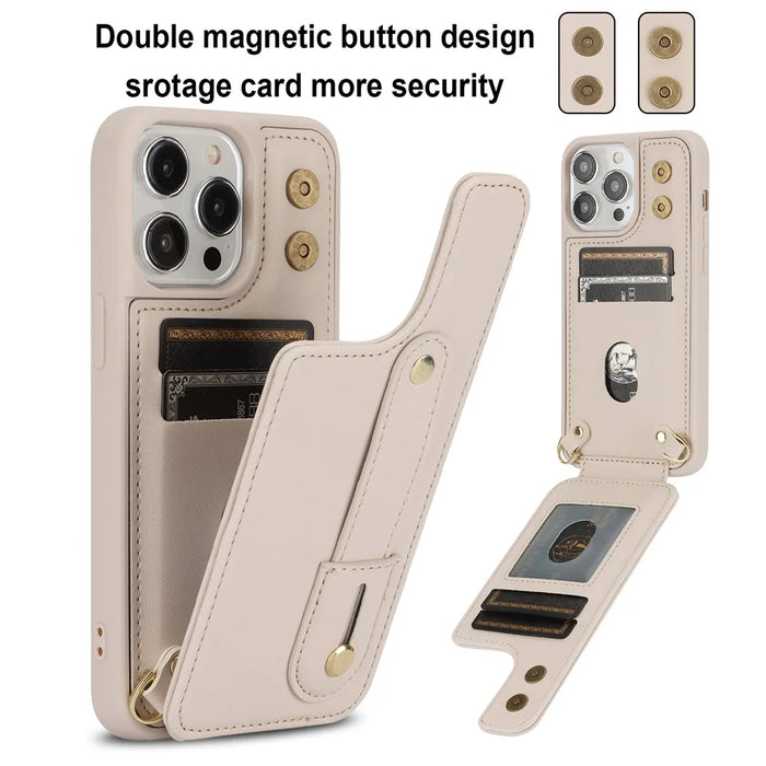 For iPhone 16 Pro Case Kickstand Card Slots Leather Coated TPU Cover with Shoulder Strap - Beige - 4