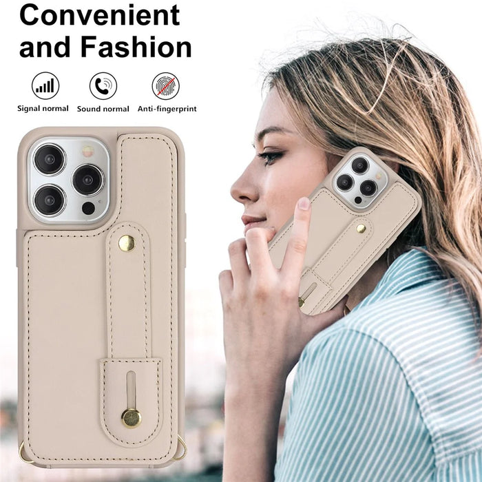 For iPhone 16 Pro Case Kickstand Card Slots Leather Coated TPU Cover with Shoulder Strap - Beige - 6