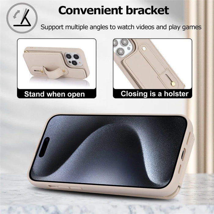 For iPhone 16 Pro Case Kickstand Card Slots Leather Coated TPU Cover with Shoulder Strap - Beige - 7
