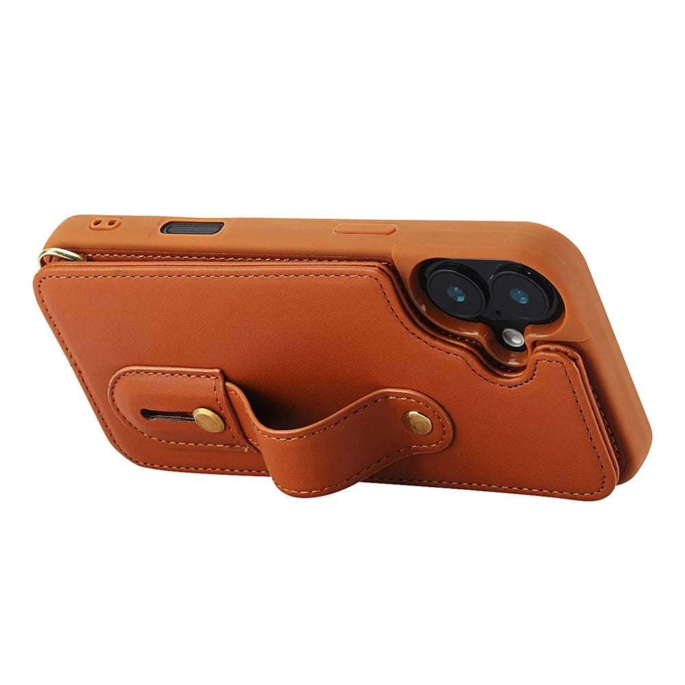 For iPhone 16 Plus Case Kickstand Card Slots Leather Coated TPU Cover with Shoulder Strap - Brown - 2