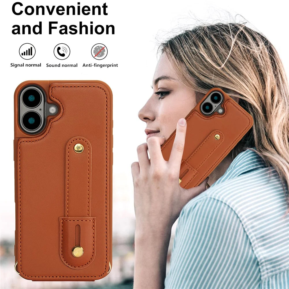 For iPhone 16 Plus Case Kickstand Card Slots Leather Coated TPU Cover with Shoulder Strap - Brown - 6
