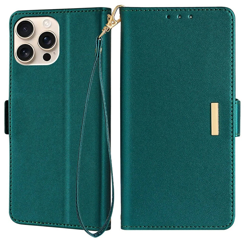 For iPhone 15 Pro Max Leather Wallet Case RFID Blocking Stand Cover with Hand Strap - Green - 1