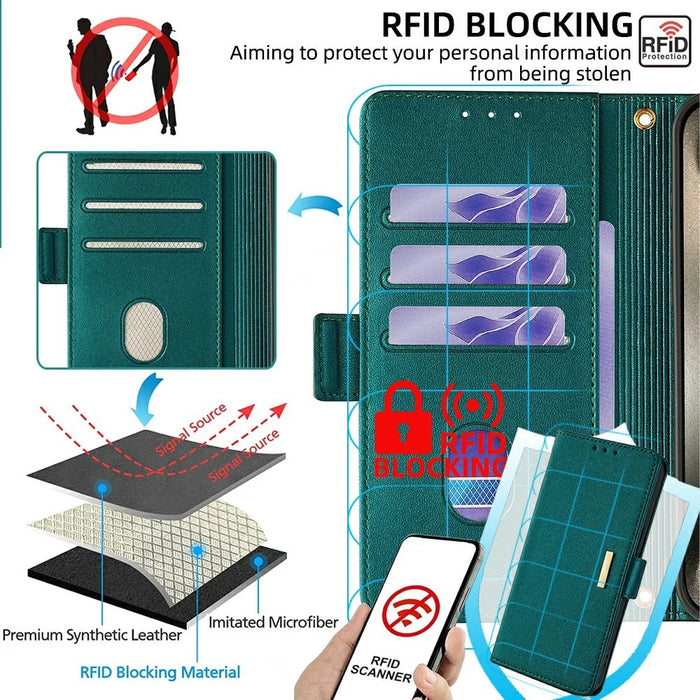 For iPhone 15 Pro Max Leather Wallet Case RFID Blocking Stand Cover with Hand Strap - Green - 5