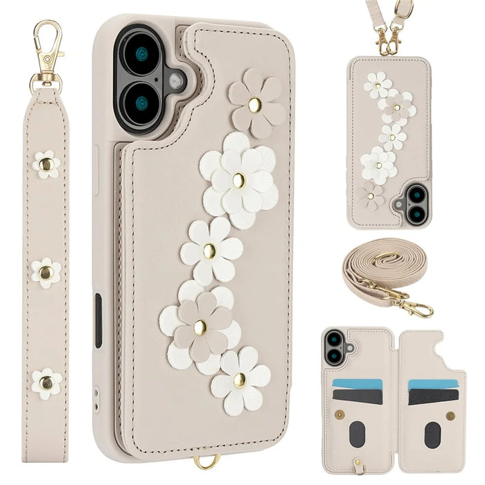 SY-001 For iPhone 16 Plus Case Card Slots Leather Coated TPU Flower Phone Cover - Beige - 1