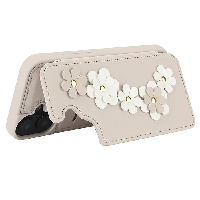 SY-001 For iPhone 16 Plus Case Card Slots Leather Coated TPU Flower Phone Cover - Beige - 3