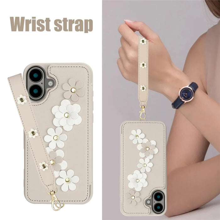 SY-001 For iPhone 16 Plus Case Card Slots Leather Coated TPU Flower Phone Cover - Beige - 5