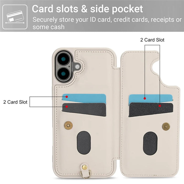 SY-001 For iPhone 16 Plus Case Card Slots Leather Coated TPU Flower Phone Cover - Beige - 7