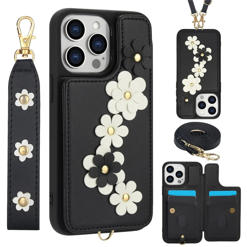 SY-001 For iPhone 16 Pro Case Card Slots Leather Coated TPU Flower Phone Cover - Black - 1