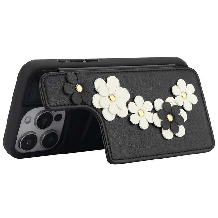 SY-001 For iPhone 16 Pro Case Card Slots Leather Coated TPU Flower Phone Cover - Black - 3