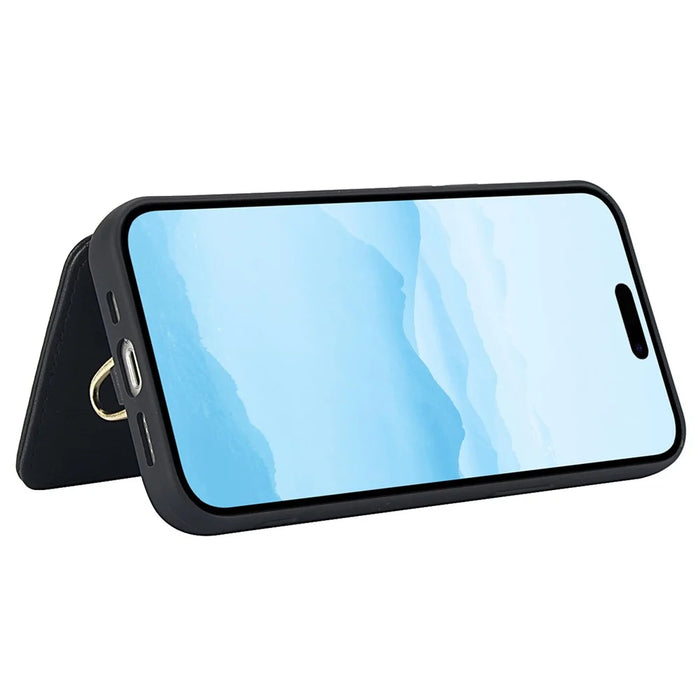 SY-001 For iPhone 16 Pro Case Card Slots Leather Coated TPU Flower Phone Cover - Black - 4