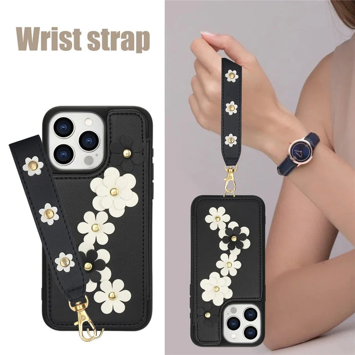 SY-001 For iPhone 16 Pro Case Card Slots Leather Coated TPU Flower Phone Cover - Black - 5