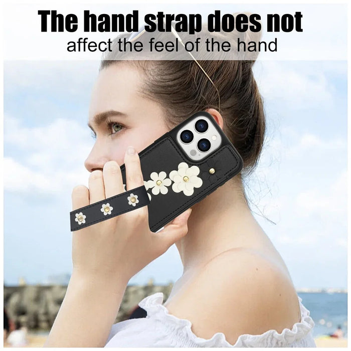 SY-001 For iPhone 16 Pro Case Card Slots Leather Coated TPU Flower Phone Cover - Black - 6