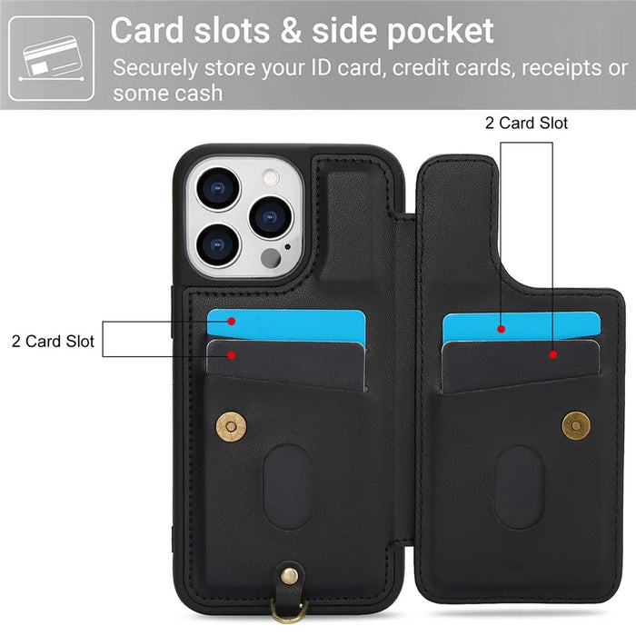 SY-001 For iPhone 16 Pro Case Card Slots Leather Coated TPU Flower Phone Cover - Black - 7