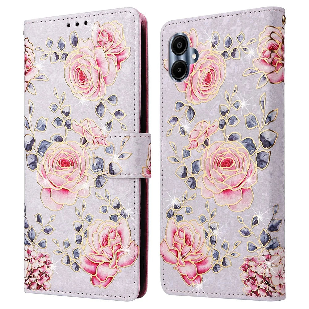 For Samsung Galaxy A06 4G Case RFID Blocking Flower Leather Phone Cover - Rose Flower - 1