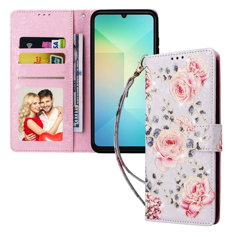 For Samsung Galaxy A06 4G Case RFID Blocking Flower Leather Phone Cover - Rose Flower - 5