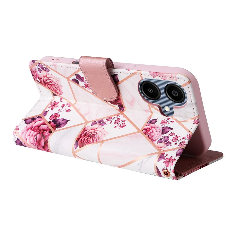 For Samsung Galaxy A06 4G Case Lacquered Marble Pattern Leather Phone Cover - Rose Gold - 4