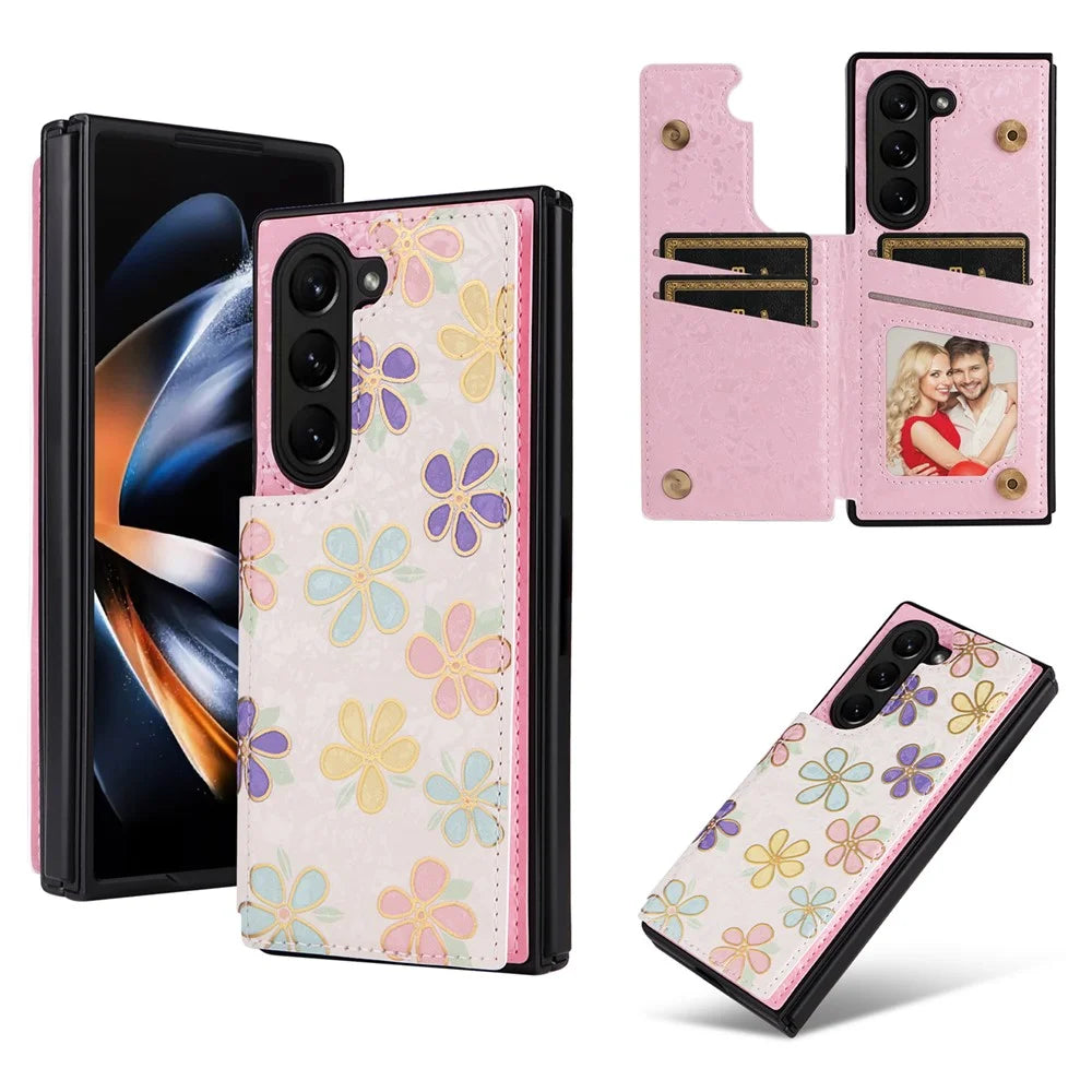 For Samsung Galaxy Z Fold5 5G Case Flower Leather+PC RFID Blocking Phone Cover Card Slots - Flowers - 1