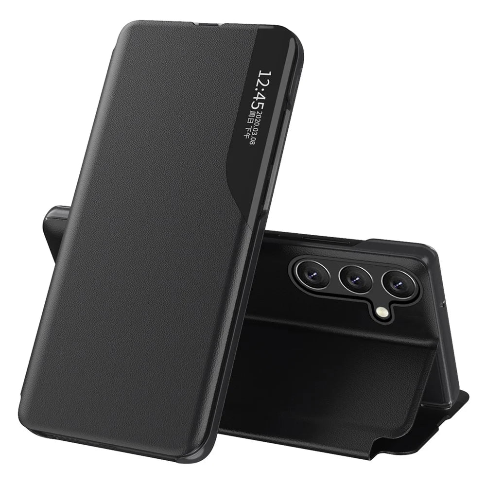 For Samsung Galaxy S24 FE Case View Window PU Leather Stand Cover - Black - 1