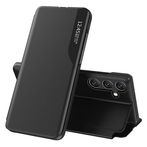 For Samsung Galaxy S24 FE Case View Window PU Leather Stand Cover - Black - 1