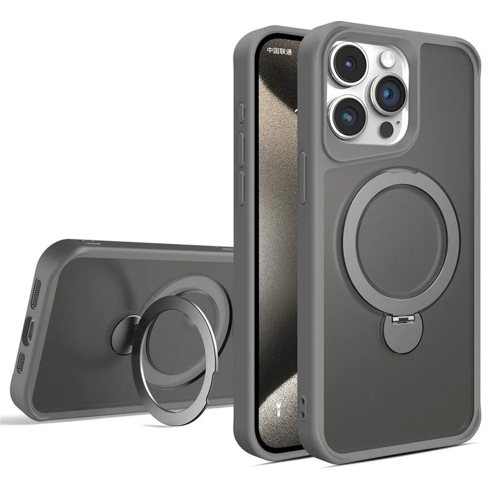 For iPhone 16 Pro Max Case Compatible with MagSafe PC+TPU Ring Kickstand Cell Phone Cover - Titanium Grey - 1