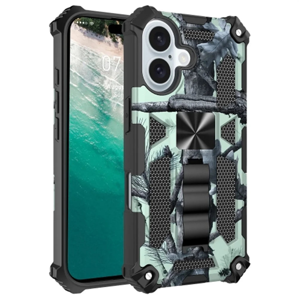 For iPhone 16 Plus Case Kickstand Camouflage Anti-Drop TPU+PC Phone Cover - Light Green - 1