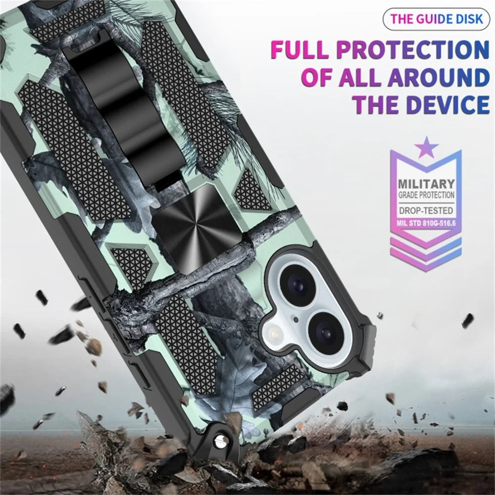 For iPhone 16 Plus Case Kickstand Camouflage Anti-Drop TPU+PC Phone Cover - Light Green - 2