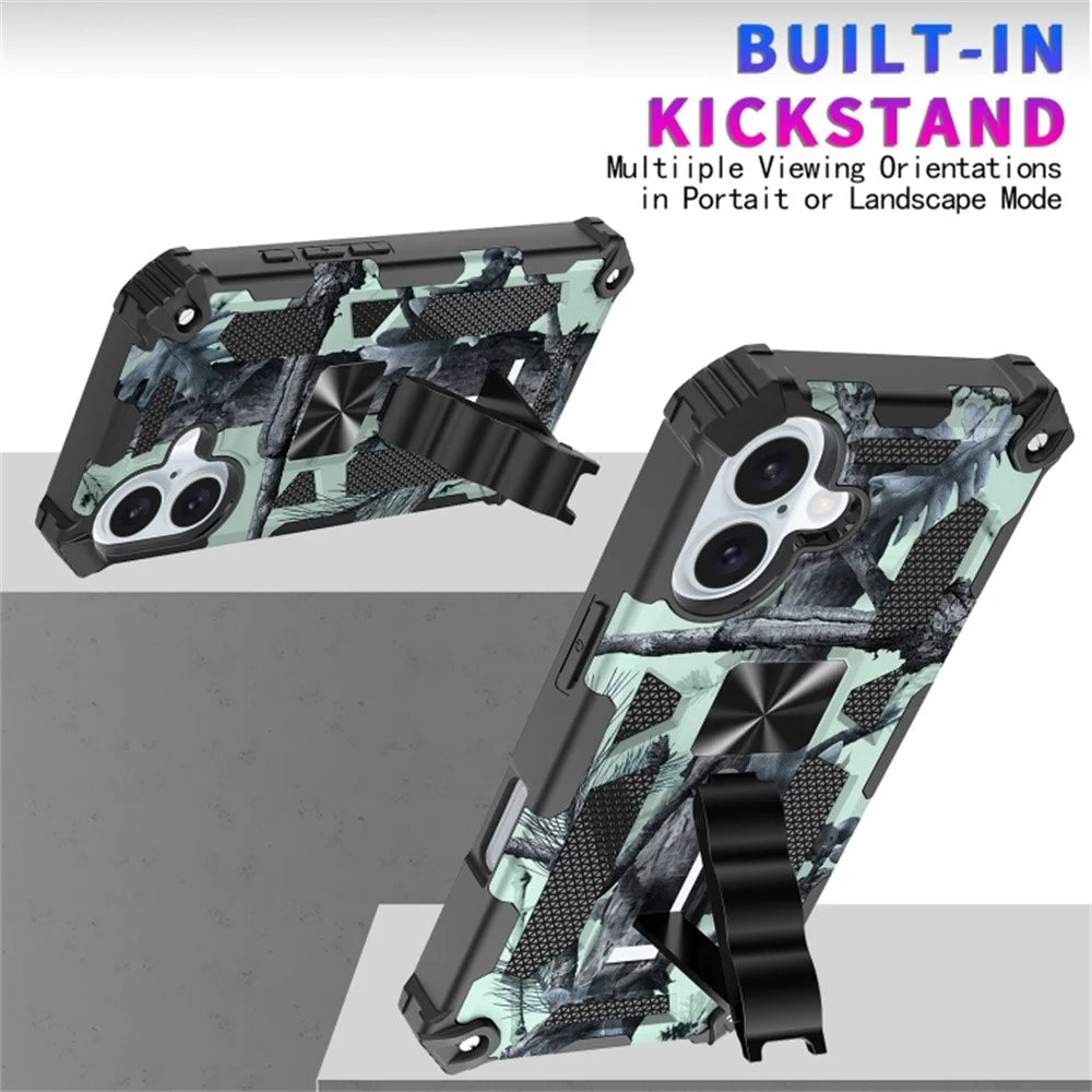 For iPhone 16 Plus Case Kickstand Camouflage Anti-Drop TPU+PC Phone Cover - Light Green - 3