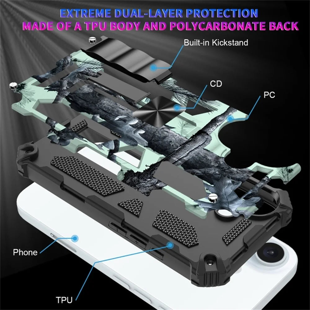 For iPhone 16 Plus Case Kickstand Camouflage Anti-Drop TPU+PC Phone Cover - Light Green - 4