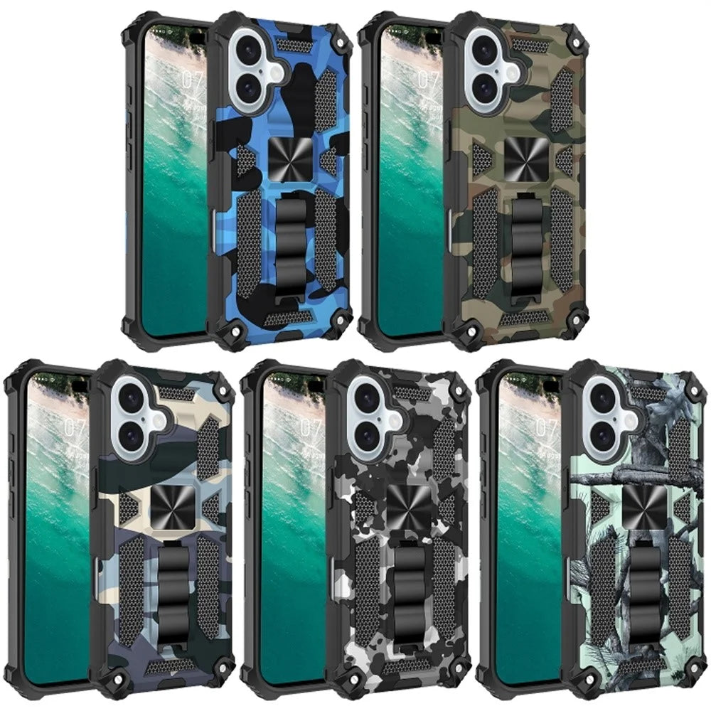 For iPhone 16 Plus Case Kickstand Camouflage Anti-Drop TPU+PC Phone Cover - Light Green - 6