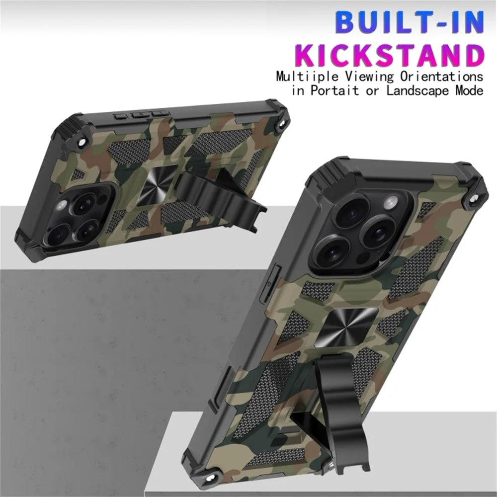 For iPhone 16 Pro Max Case Kickstand Camouflage Anti-Drop TPU+PC Phone Cover - Light Green - 3