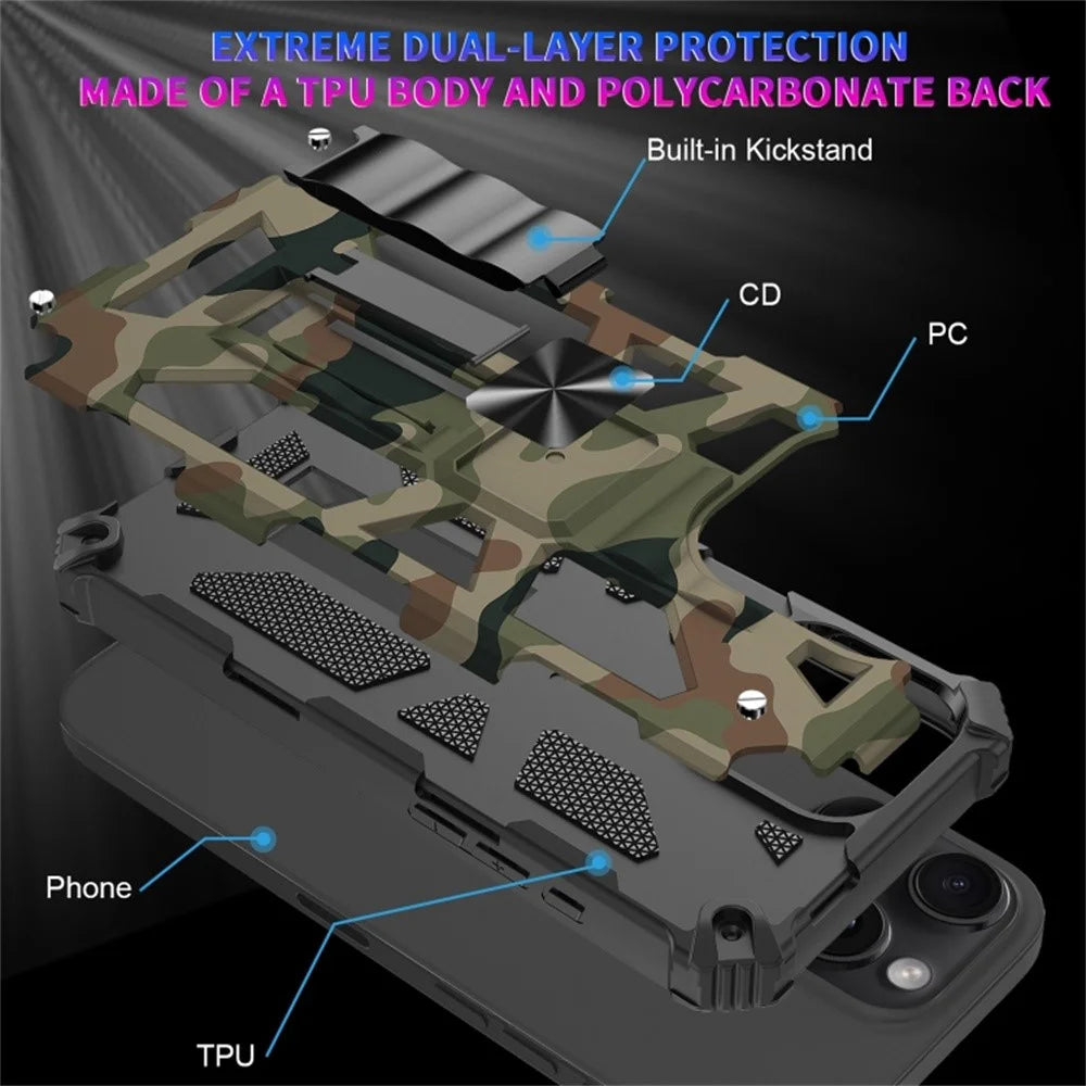 For iPhone 16 Pro Max Case Kickstand Camouflage Anti-Drop TPU+PC Phone Cover - Light Green - 4