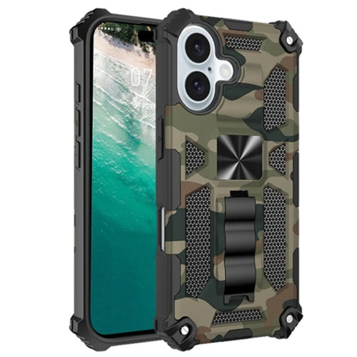 For iPhone 16 Case Kickstand Camouflage Anti-Drop TPU+PC Phone Cover - Army Green - 1