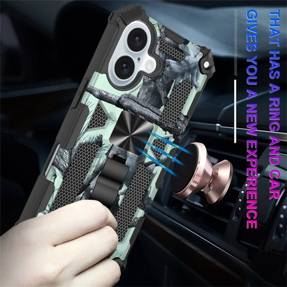 For iPhone 16 Case Kickstand Camouflage Anti-Drop TPU+PC Phone Cover - Army Green - 5