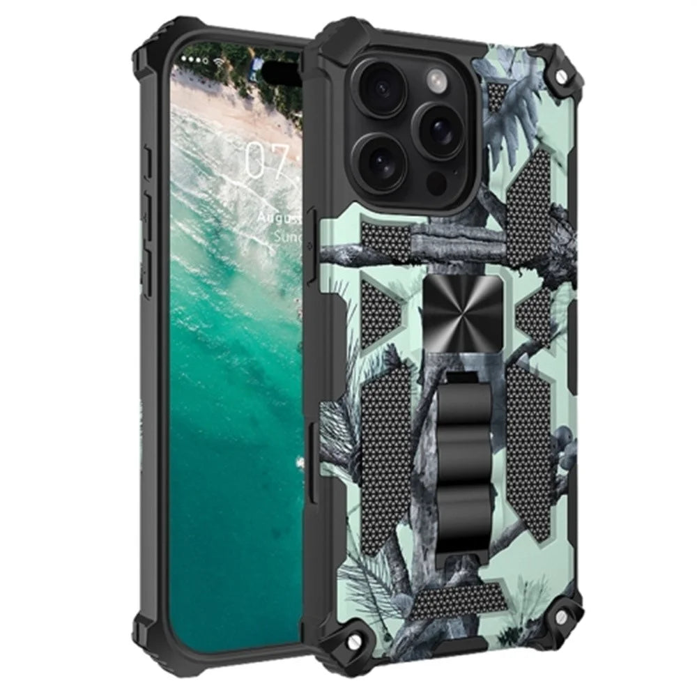 For iPhone 16 Pro Case Kickstand Camouflage Anti-Drop TPU+PC Phone Cover - Light Green - 1