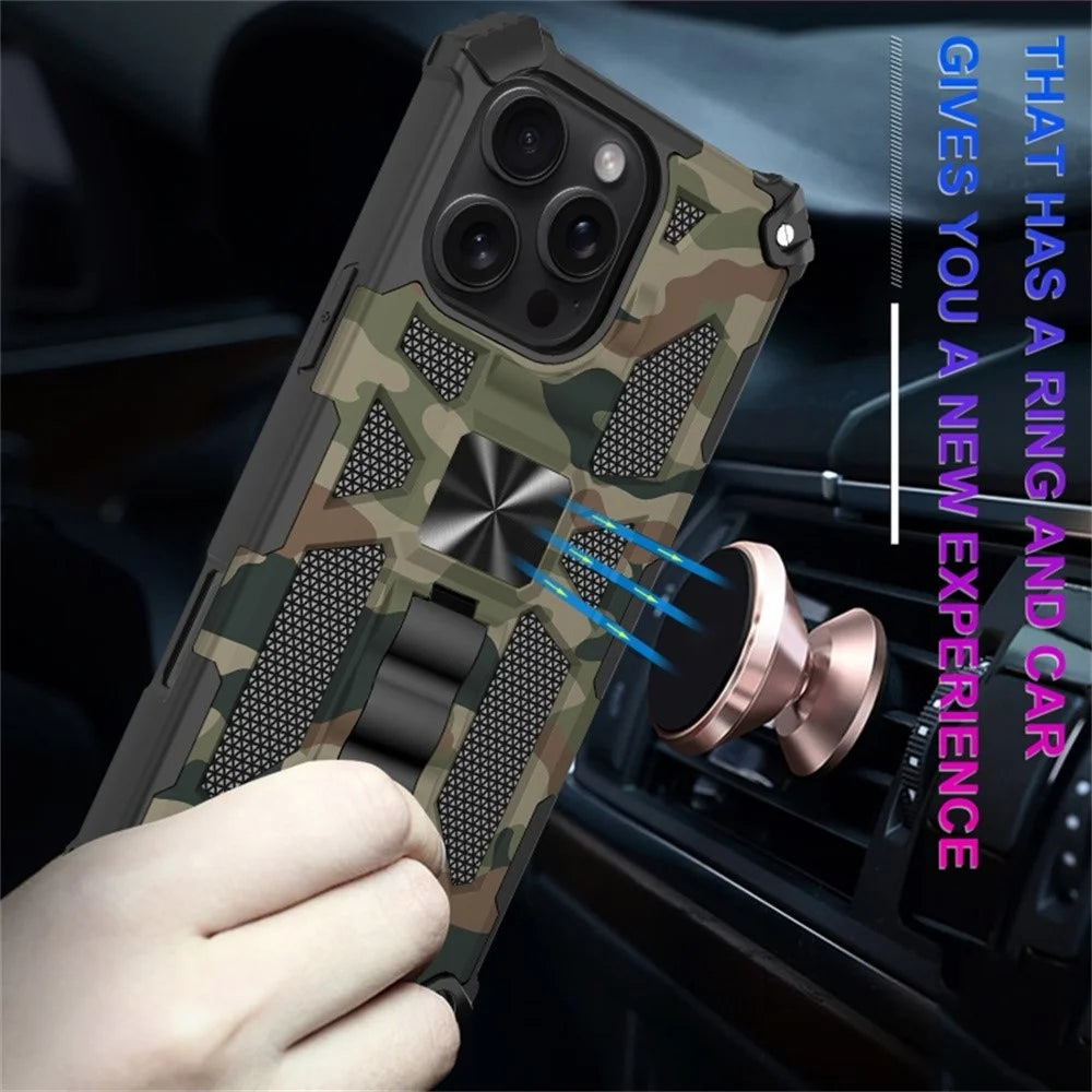 For iPhone 16 Pro Case Kickstand Camouflage Anti-Drop TPU+PC Phone Cover - Light Green - 5