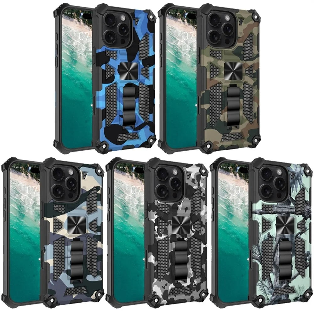 For iPhone 16 Pro Case Kickstand Camouflage Anti-Drop TPU+PC Phone Cover - Light Green - 6