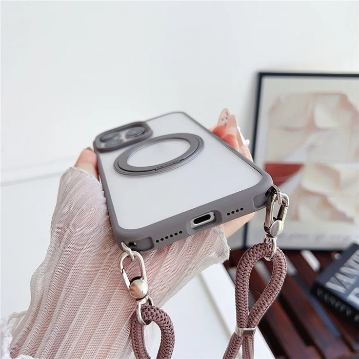 For iPhone 15 Pro Case Compatible with MagSafe Rotatable Kickstand PC+TPU Phone Cover with Lanyard - Brown - 3