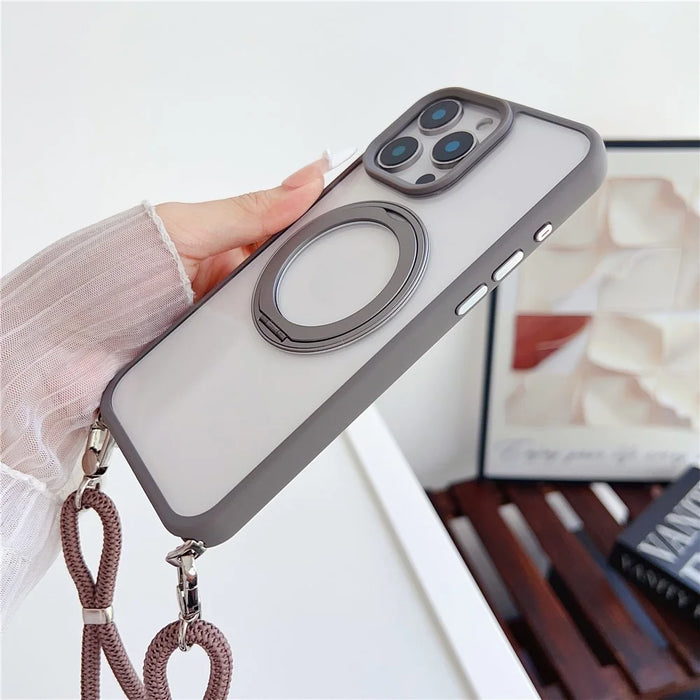 For iPhone 15 Pro Case Compatible with MagSafe Rotatable Kickstand PC+TPU Phone Cover with Lanyard - Brown - 4
